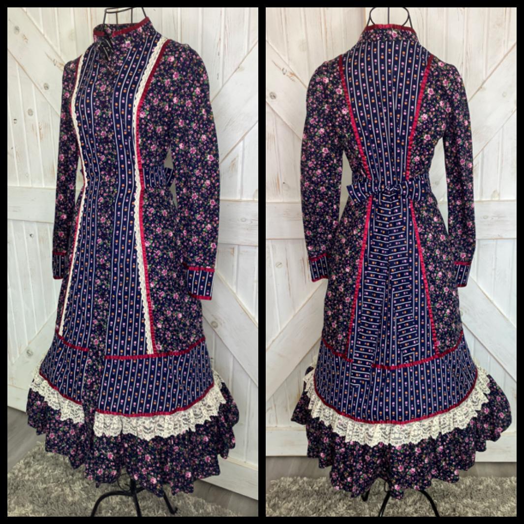 70's Vintage Gunne Sax Blue White Red Pink Green Calico Prairie Midi Dress 11 *Flaws