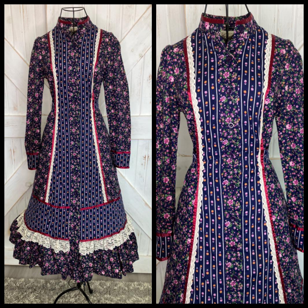 70's Vintage Gunne Sax Blue White Red Pink Green Calico Prairie Midi Dress 11 *Flaws