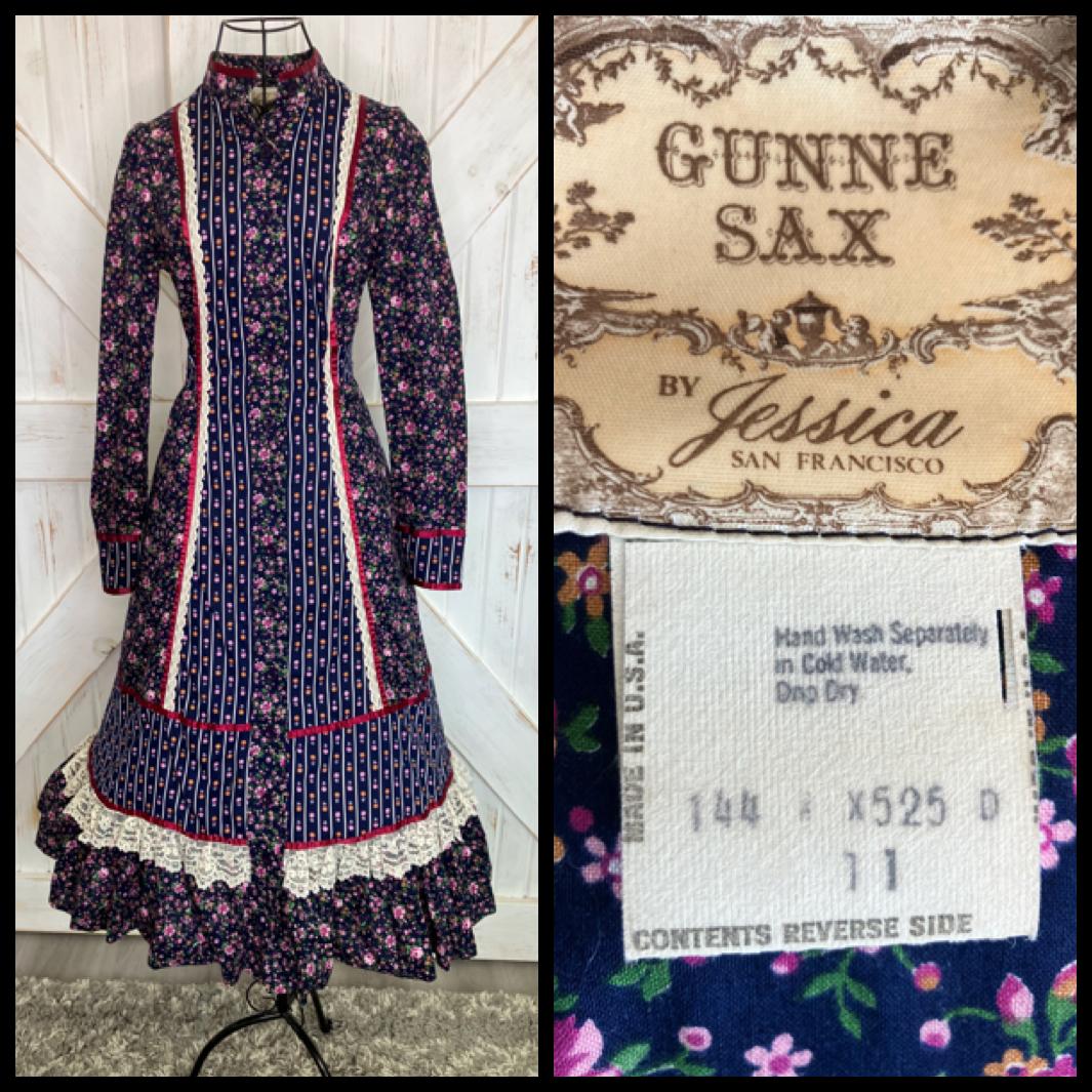 70's Vintage Gunne Sax Blue White Red Pink Green Calico Prairie Midi Dress 11 *Flaws