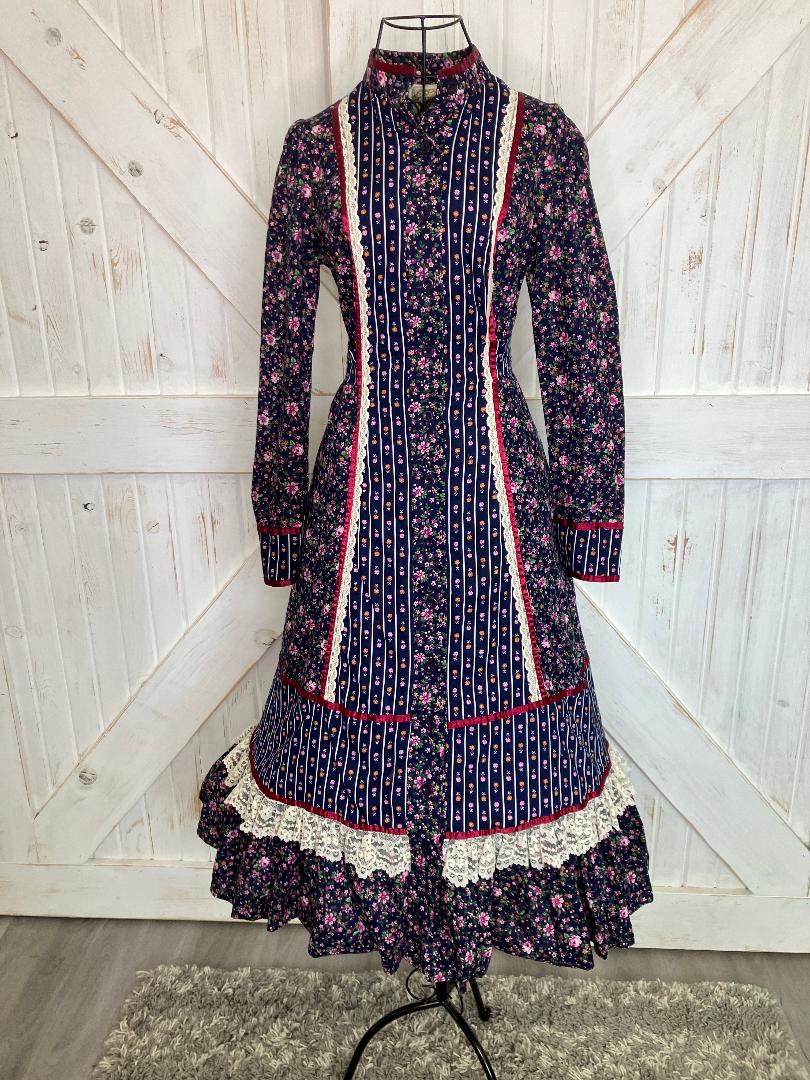 70's Vintage Gunne Sax Blue White Red Pink Green Calico Prairie Midi Dress 11 *Flaws