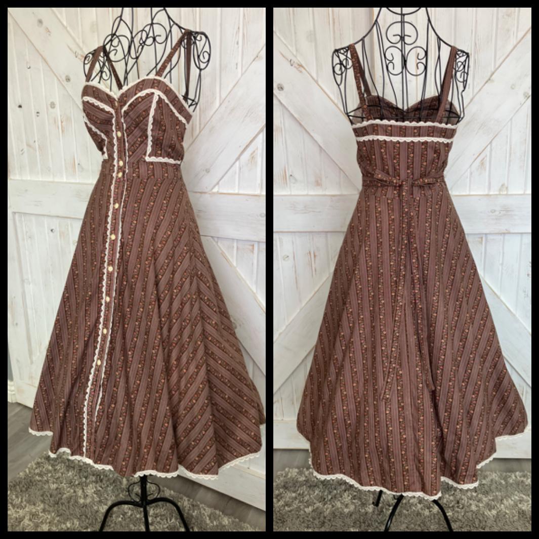 70's Vintage Gunne Sax Brown Pink Calico Stripe Sweetheart Sundress Midi Dress