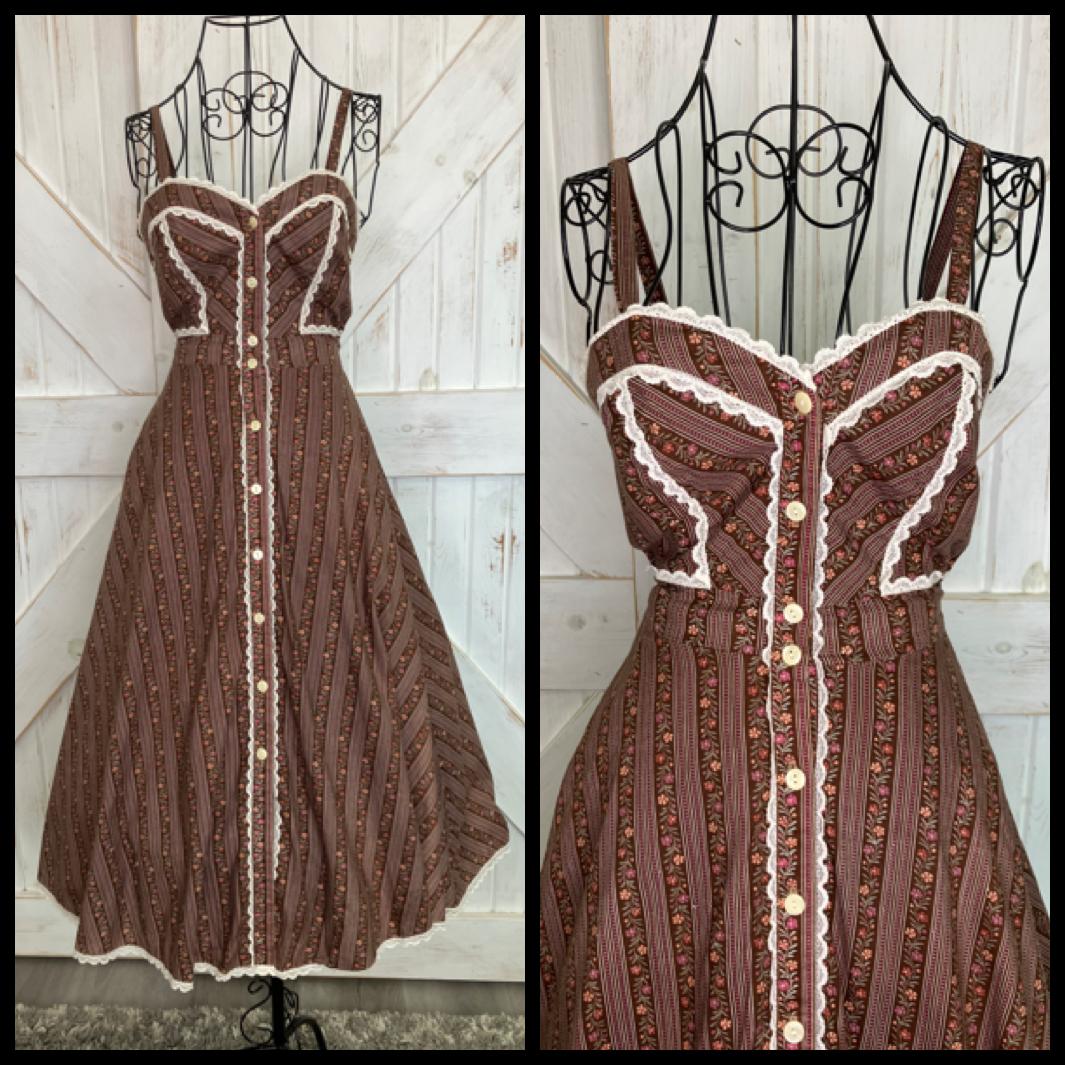 70's Vintage Gunne Sax Brown Pink Calico Stripe Sweetheart Sundress Midi Dress