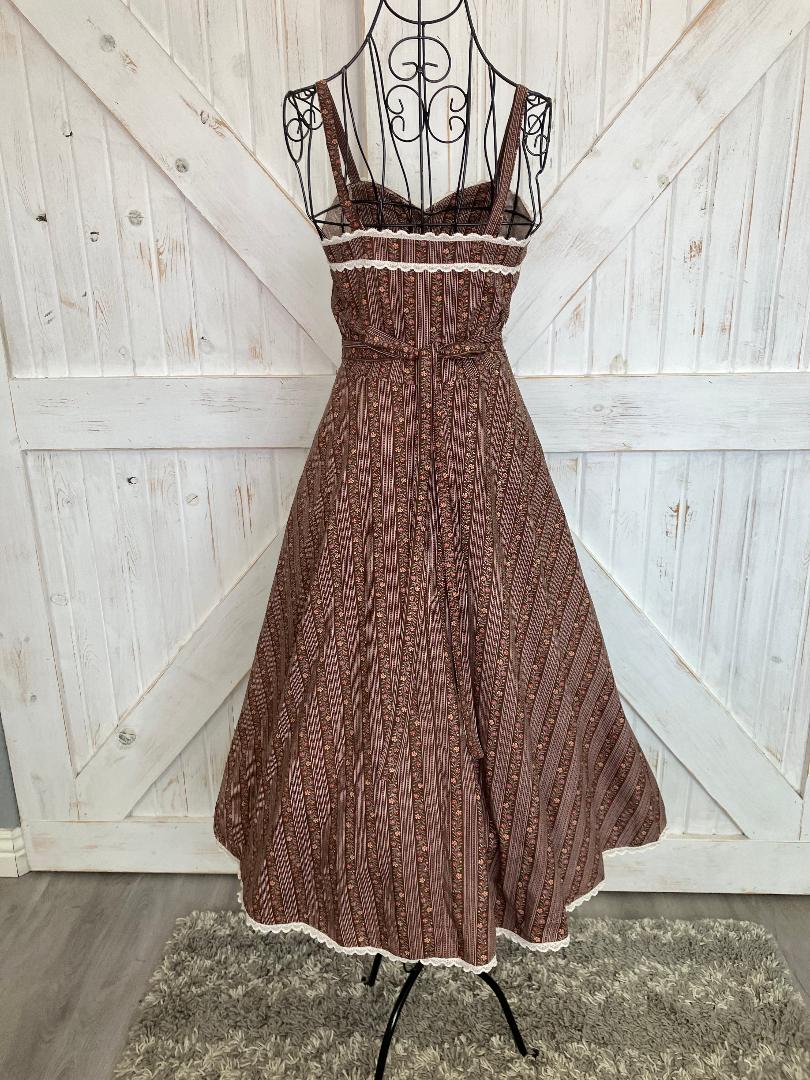 70's Vintage Gunne Sax Brown Pink Calico Stripe Sweetheart Sundress Midi Dress
