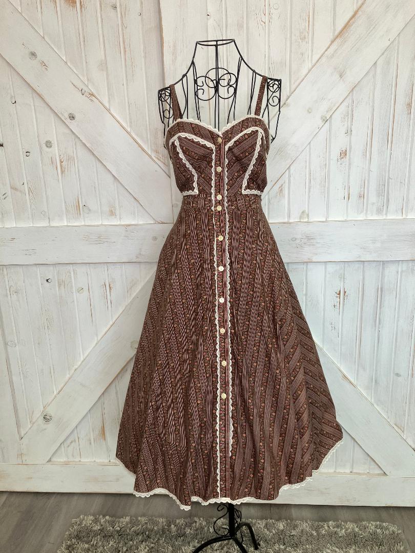 70's Vintage Gunne Sax Brown Pink Calico Stripe Sweetheart Sundress Midi Dress
