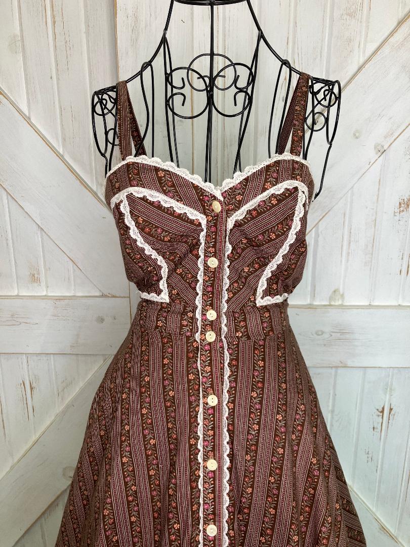 70's Vintage Gunne Sax Brown Pink Calico Stripe Sweetheart Sundress Midi Dress