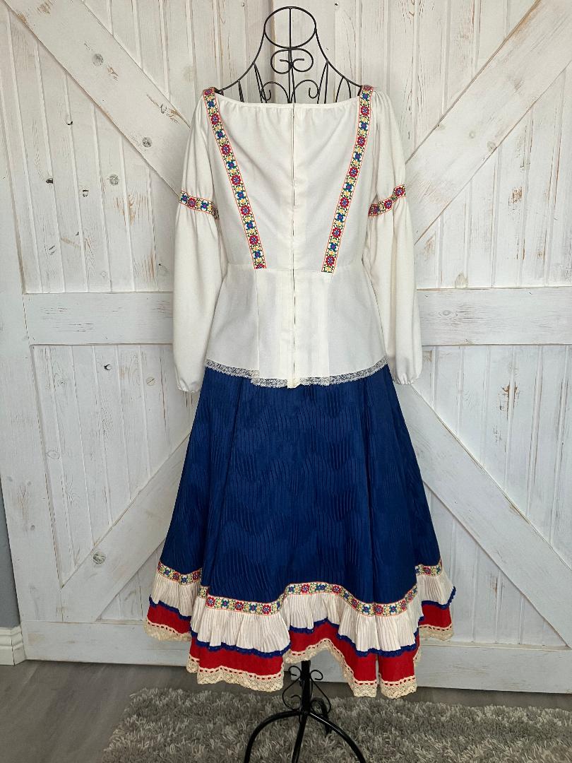 60's Vintage Cleopatra Broumand Dirndl White Red Blue Peasant Blouse Midi Skirt Set