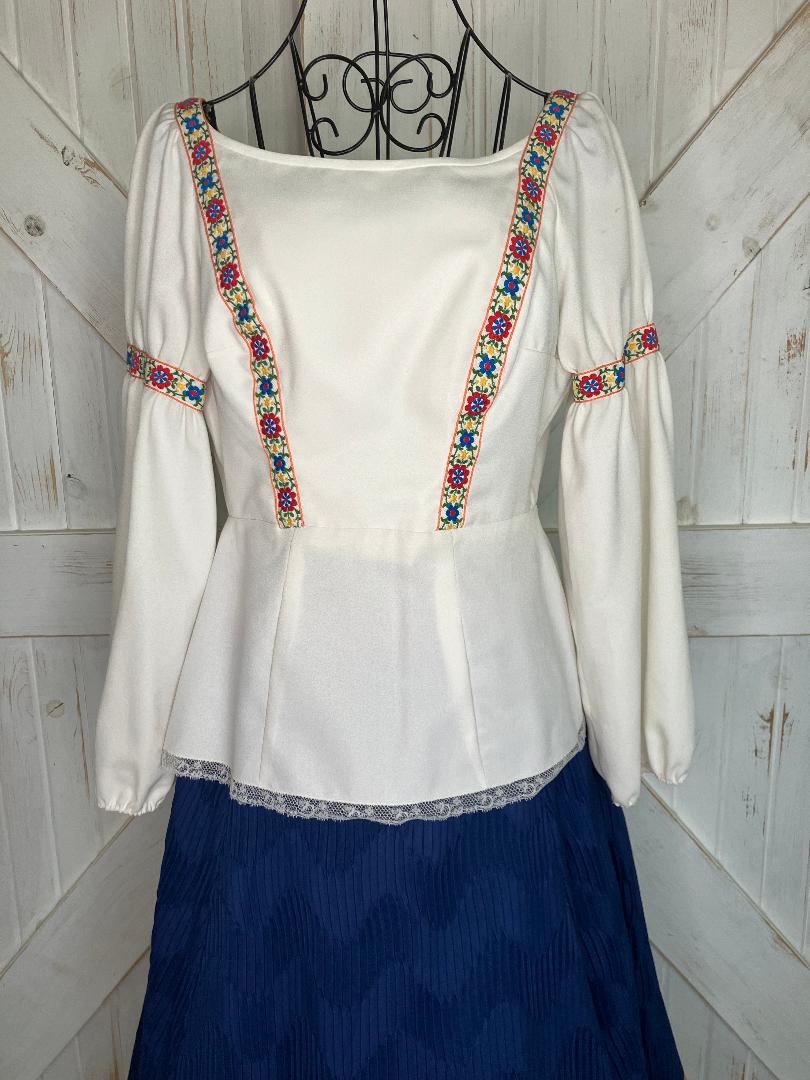 60's Vintage Cleopatra Broumand Dirndl White Red Blue Peasant Blouse Midi Skirt Set