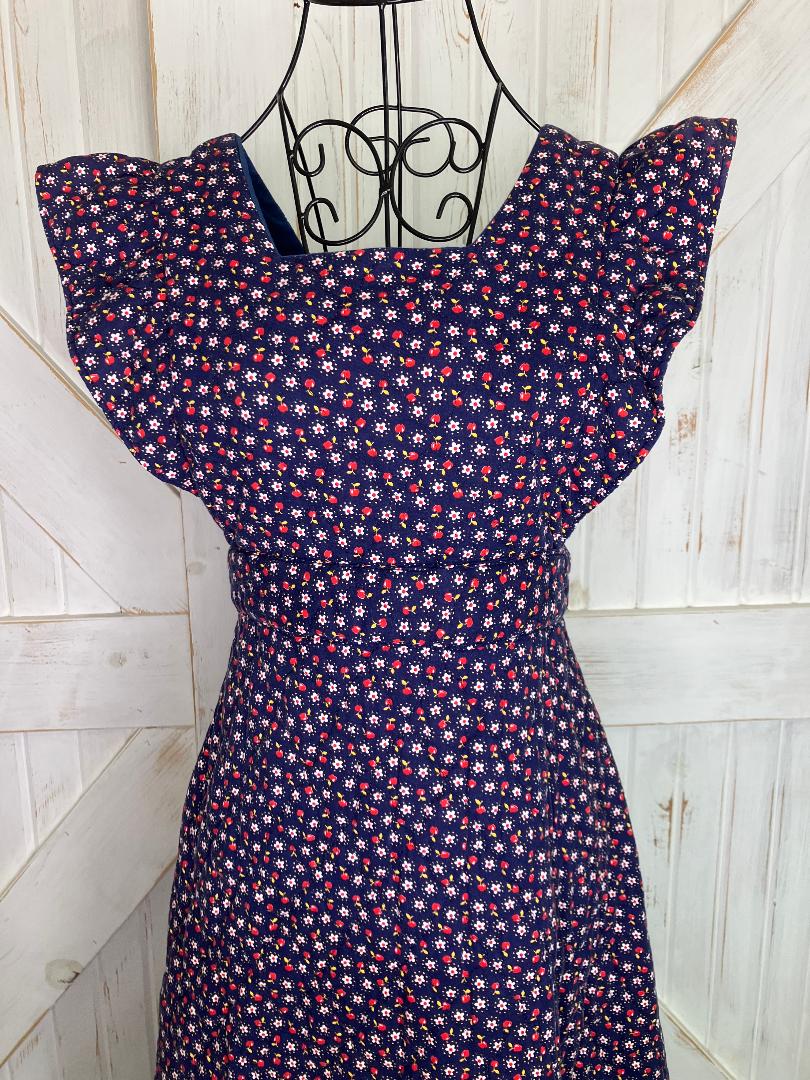 70's Vintage Handmade Blue Red White Apple Daisy Quilted Pinafore Maxi Dress