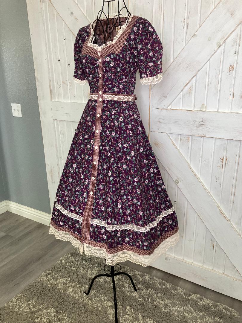 70's Vintage Gunne Sax Purple White Green Calico Prairie Midi Dress 7