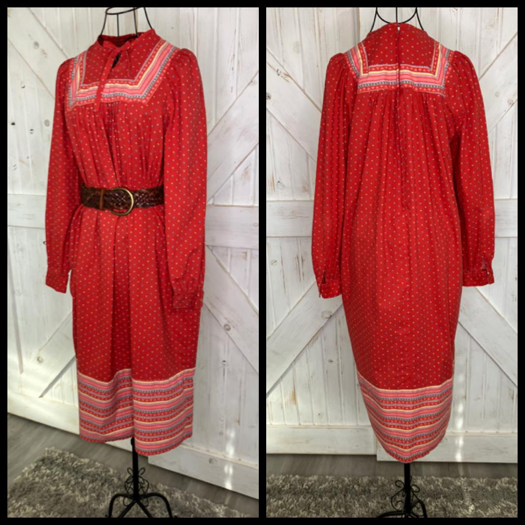 70's Vintage Brimell London Red Green Yellow Blue Calico Stripe Prairie Tent Midi Dress