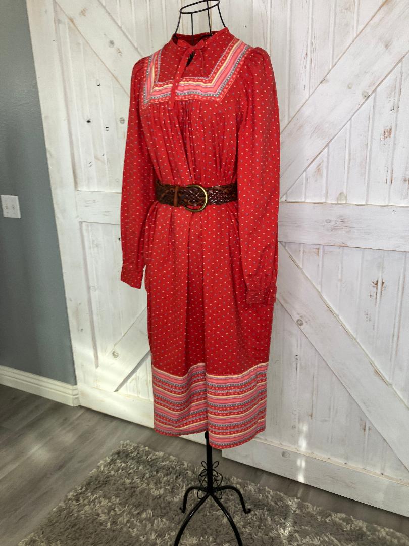 70's Vintage Brimell London Red Green Yellow Blue Calico Stripe Prairie Tent Midi Dress