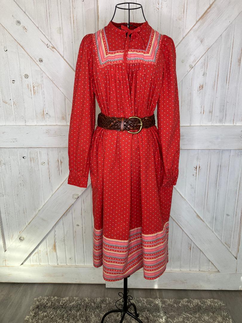 70's Vintage Brimell London Red Green Yellow Blue Calico Stripe Prairie Tent Midi Dress