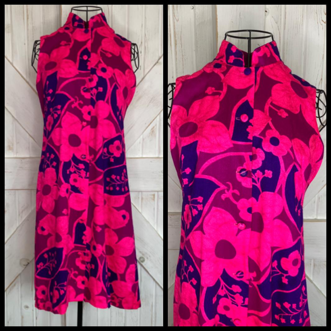 60's Vintage Hawaii Nei Honolulu Pink Purple Hawaiian Gogo Psychedelic Sundress Mini Dress