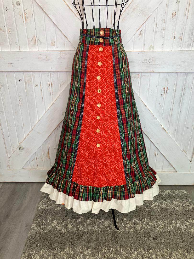 70's Vintage Gunne Sax Jessica's Gunnies Red Green Yellow Plaid Calico Prairie Maxi Skirt 11