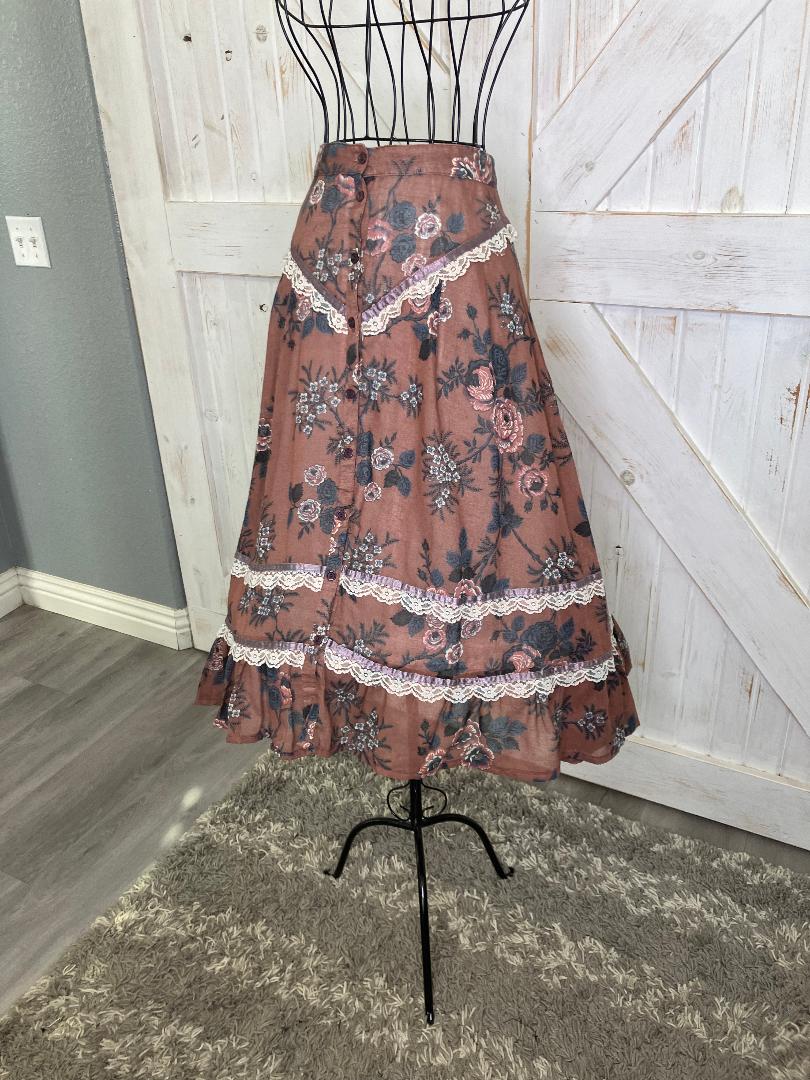 70's Vintage Gunne Sax Jessica's Gunnies Brown Orange Blue Calico Roses Midi Skirt