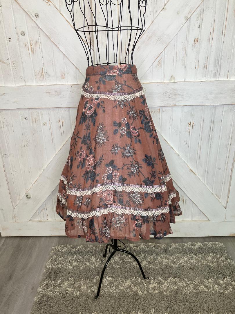 70's Vintage Gunne Sax Jessica's Gunnies Brown Orange Blue Calico Roses Midi Skirt
