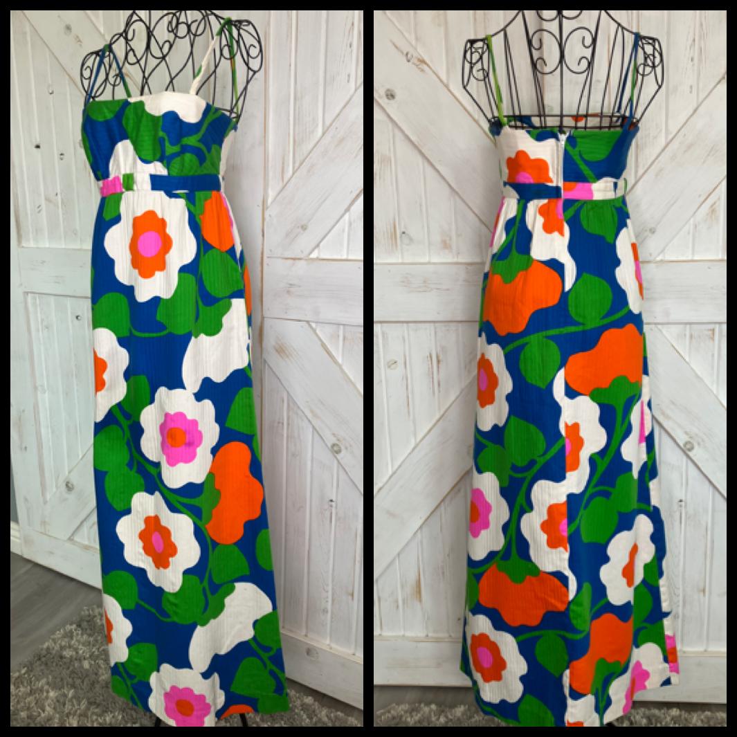 70's Vintage Malia Honolulu Blue Neon Pink Green Orange Hawaiian Hostess Maxi Sundress Dress