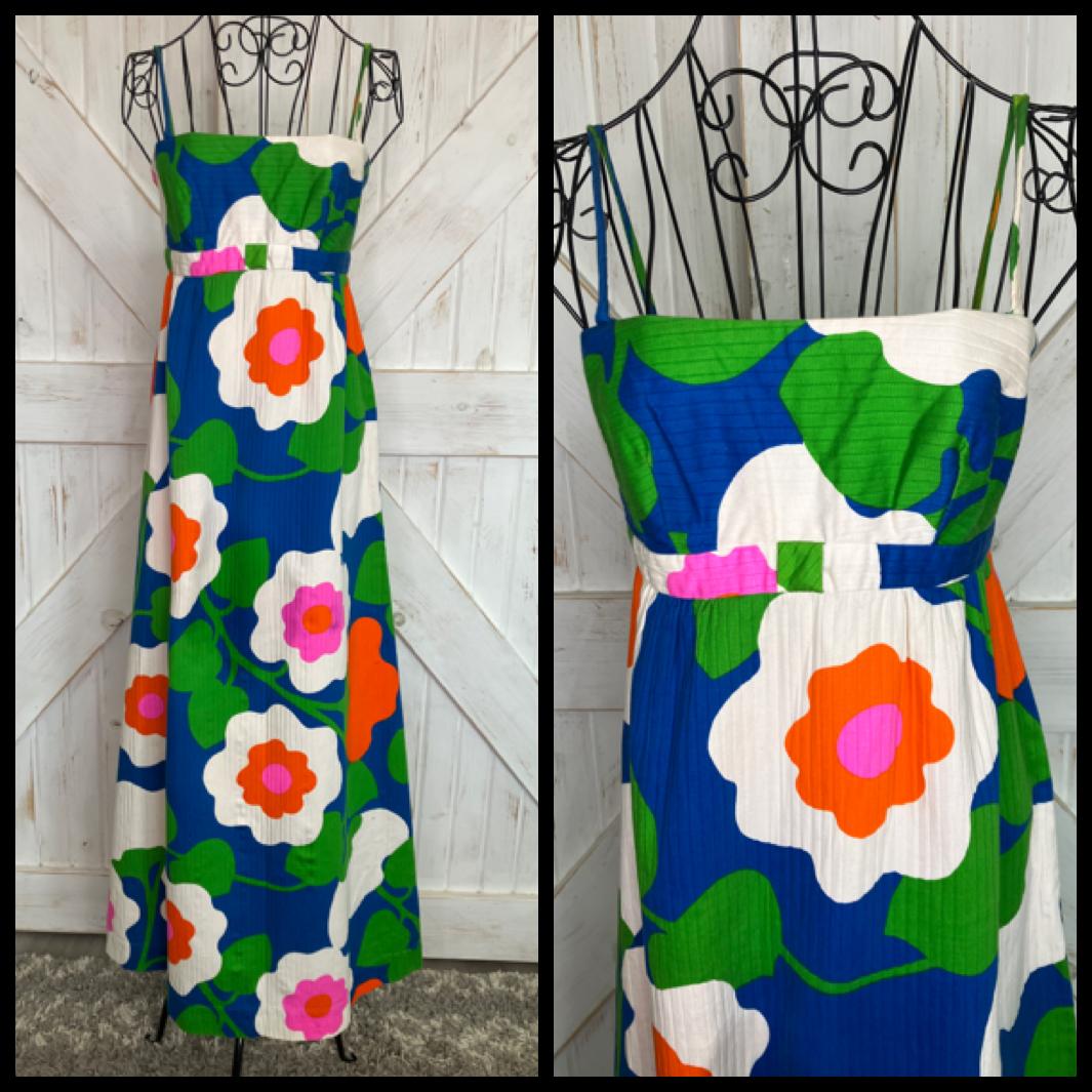 70's Vintage Malia Honolulu Blue Neon Pink Green Orange Hawaiian Hostess Maxi Sundress Dress