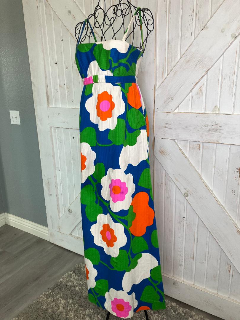 70's Vintage Malia Honolulu Blue Neon Pink Green Orange Hawaiian Hostess Maxi Sundress Dress