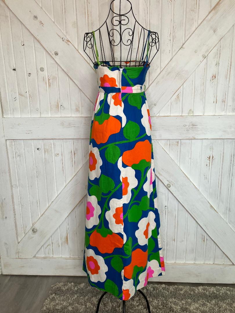 70's Vintage Malia Honolulu Blue Neon Pink Green Orange Hawaiian Hostess Maxi Sundress Dress