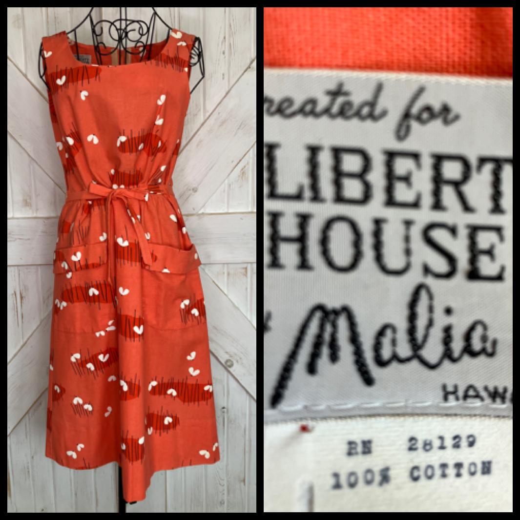 70's Vintage Malia Honolulu Liberty House Orange White Black Butterfly Hawaiian Midi Sundress Dress *ALTERED