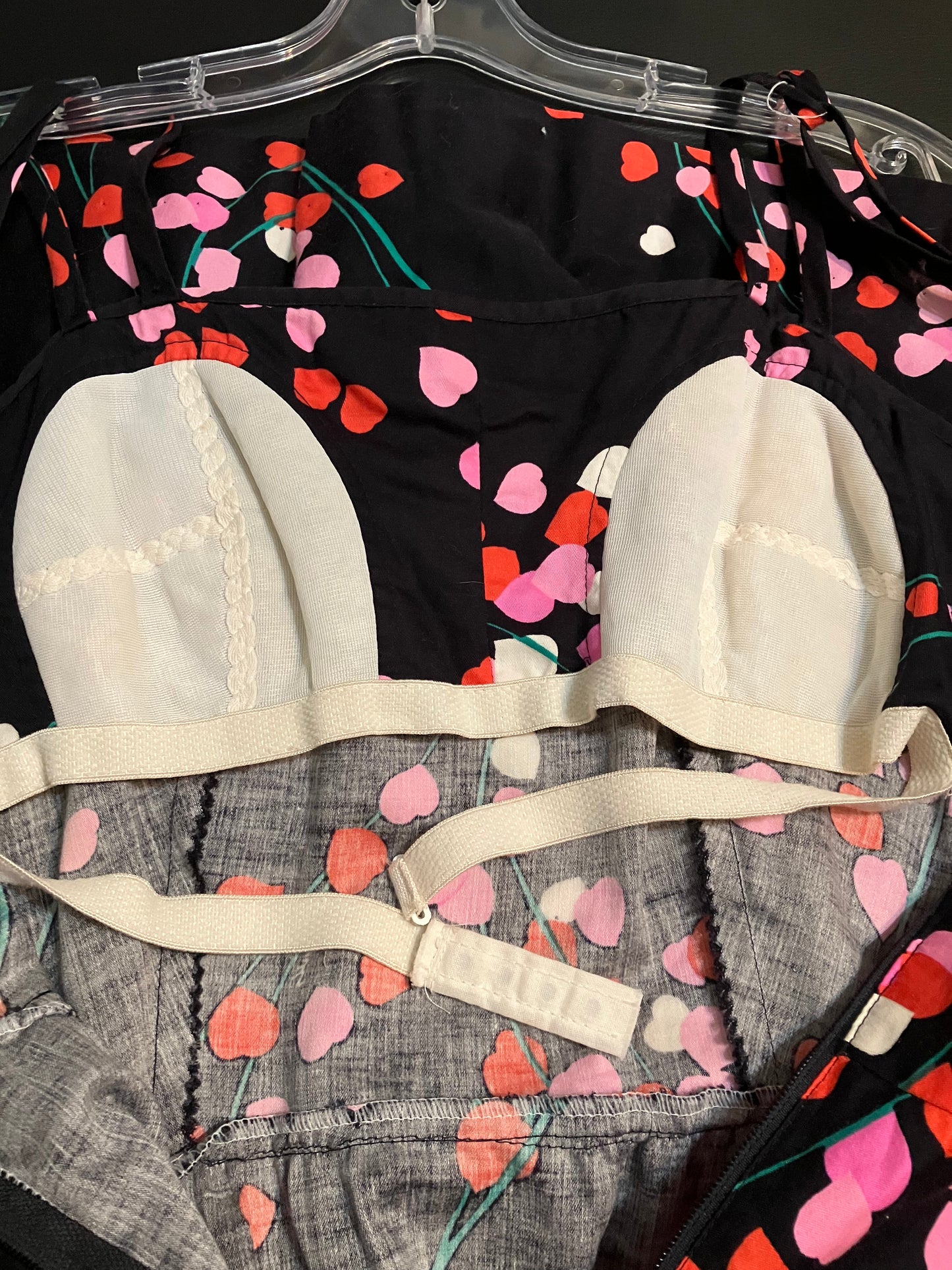 70's Vintage Malia Honolulu Black Pink Leaf Hearts Hawaiian Midi Sundress Dress