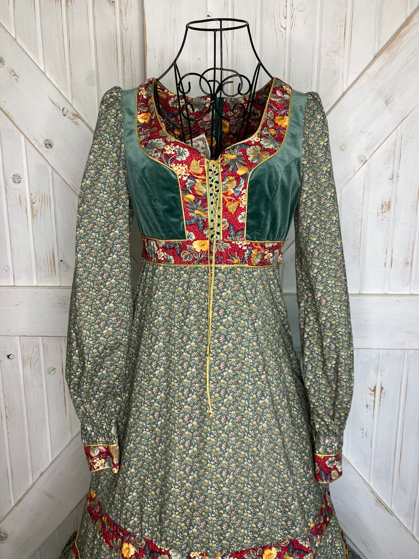 70's Vintage Gunne Sax RARE Green Velvet Corset Red Gold Plum Prairie Midi Dress 9