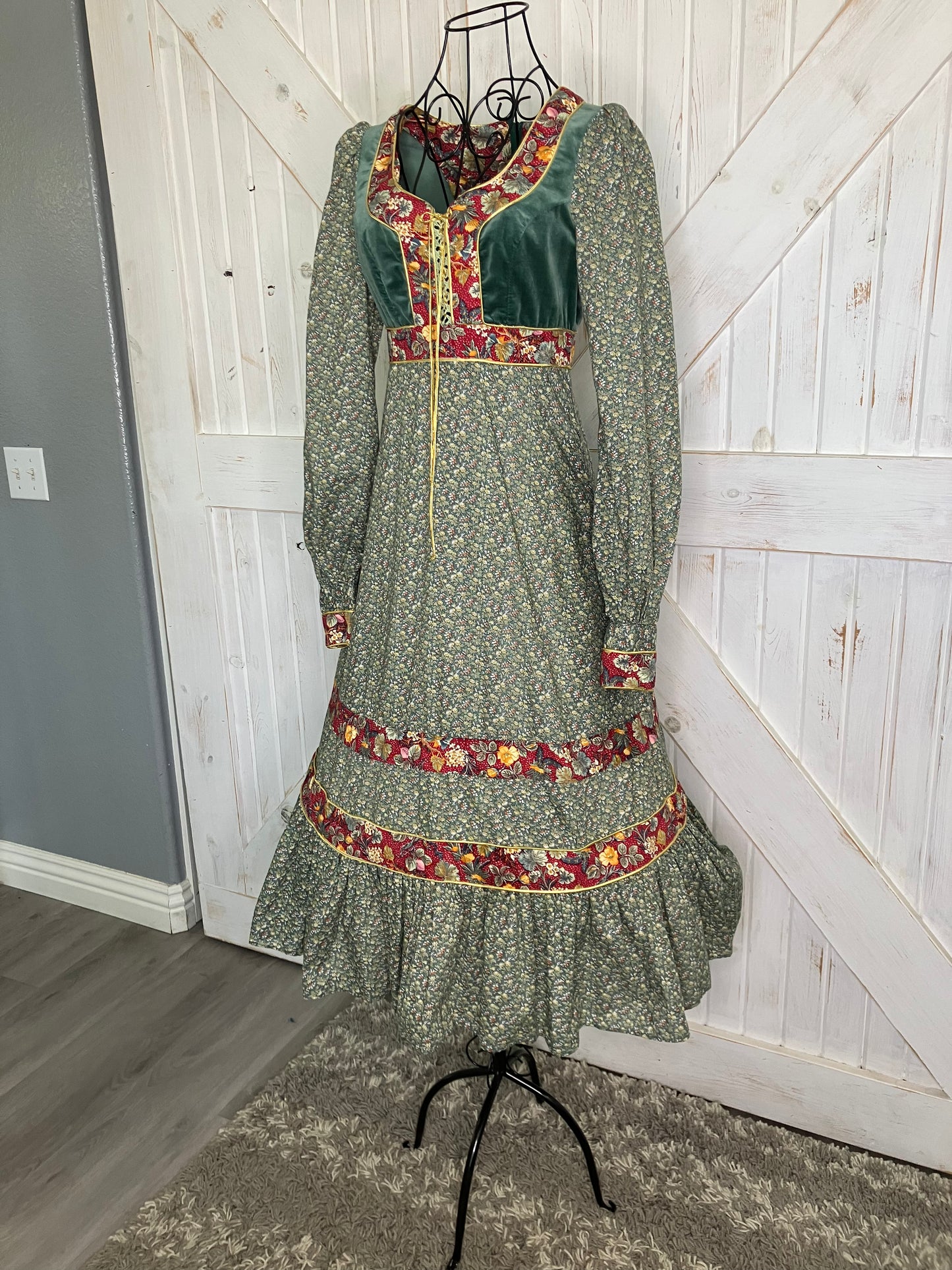 70's Vintage Gunne Sax RARE Green Velvet Corset Red Gold Plum Prairie Midi Dress 9