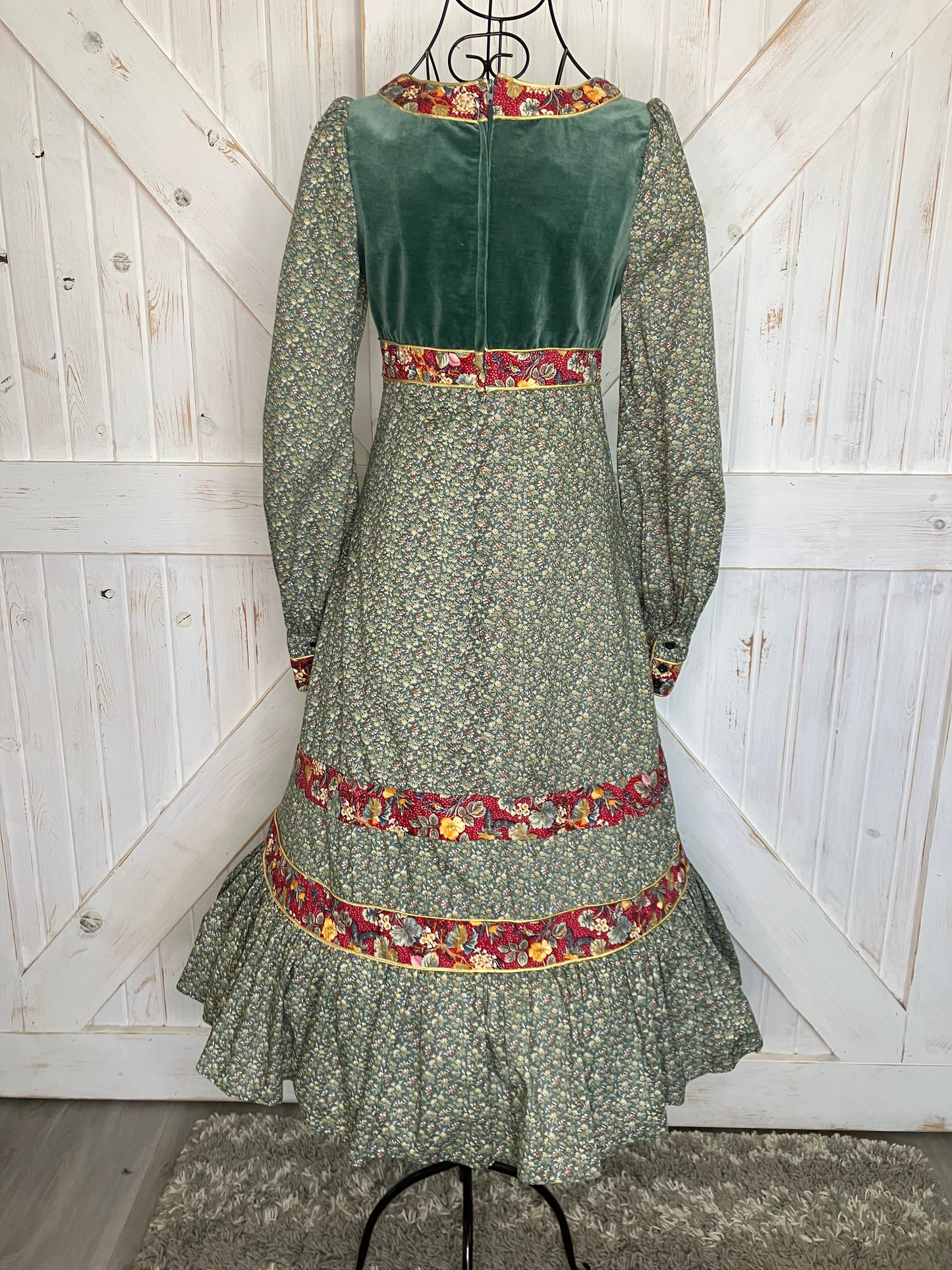 70's Vintage Gunne Sax RARE Green Velvet Corset Red Gold Plum Prairie Midi Dress 9