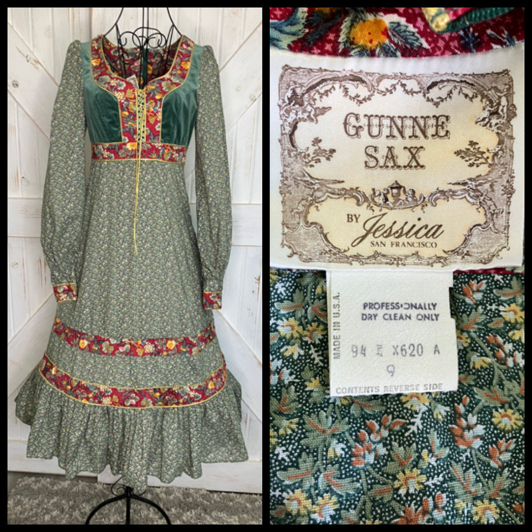 70's Vintage Gunne Sax RARE Green Velvet Corset Red Gold Plum Prairie Midi Dress 9