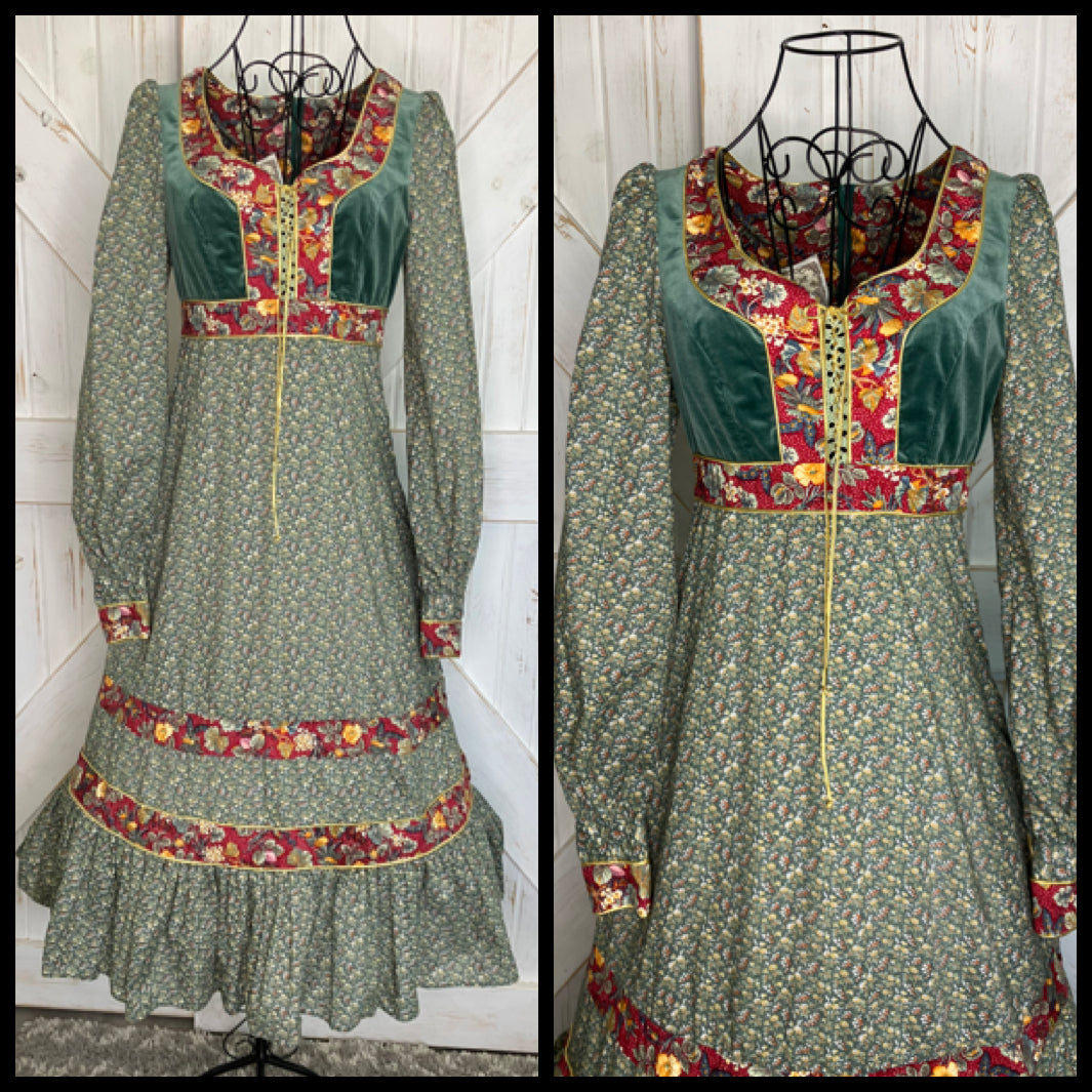 70's Vintage Gunne Sax RARE Green Velvet Corset Red Gold Plum Prairie Midi Dress 9