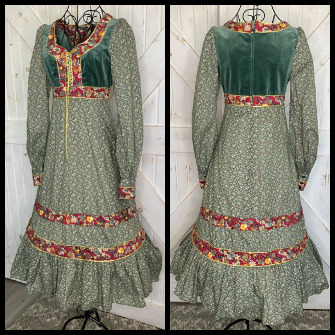 70's Vintage Gunne Sax RARE Green Velvet Corset Red Gold Plum Prairie Midi Dress 9