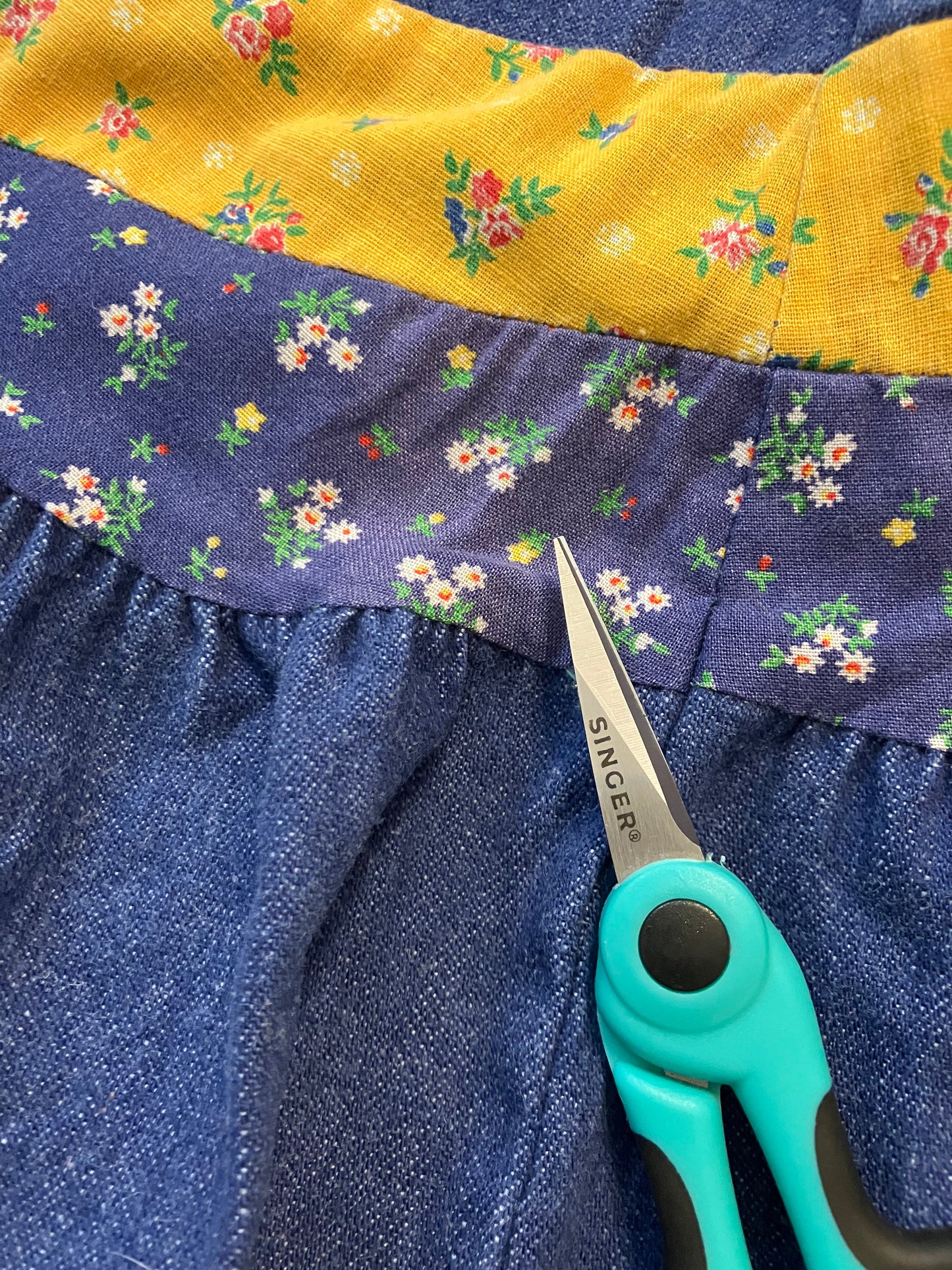 70's Vintage Blue Jean Denim Red Yellow Calico Gunne Sax STYLE Cowgirl Prairie Tent Halter Sundress Midi Dress