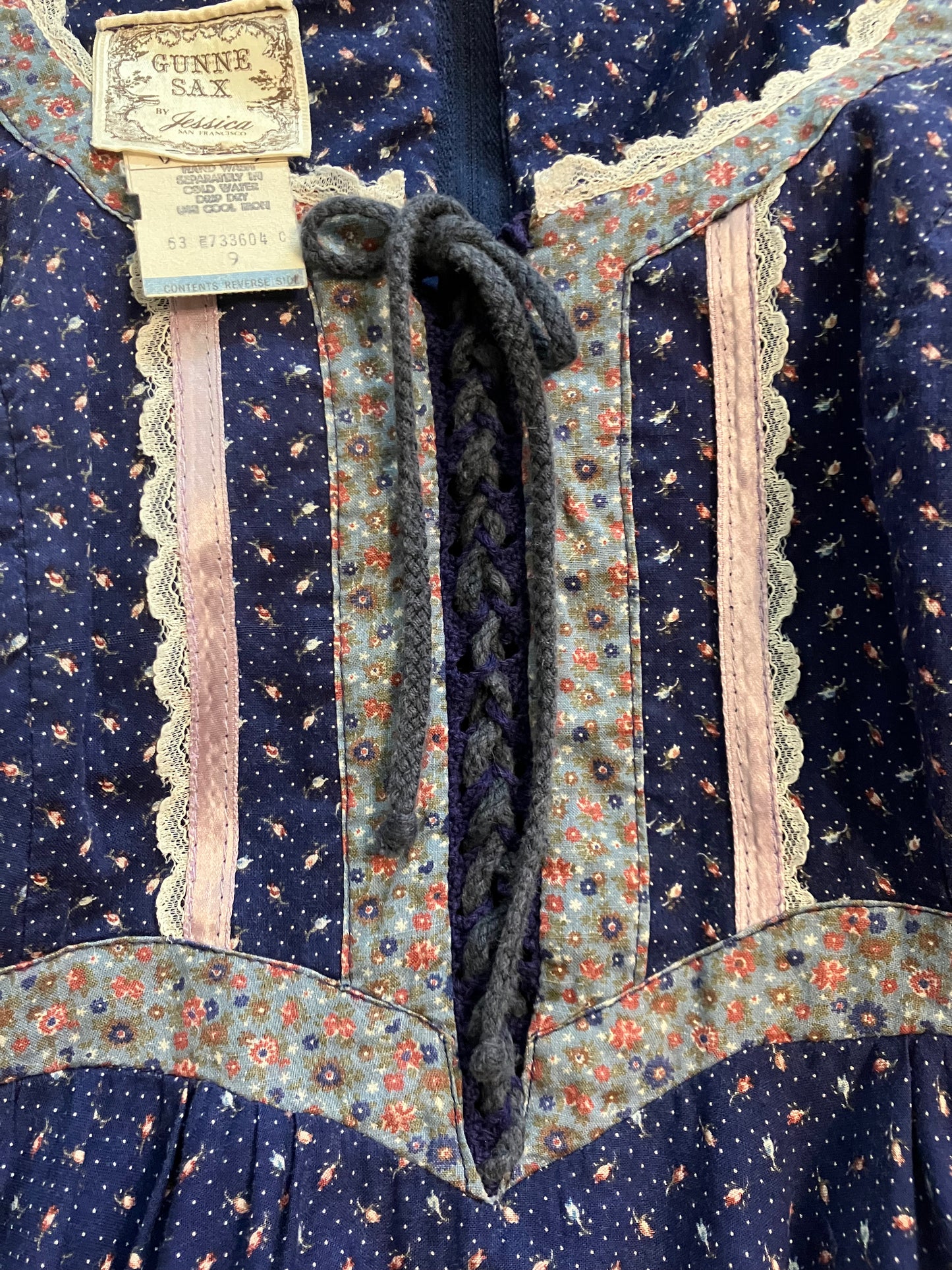 70's Vintage Gunne Sax Blue Pink Calico White Peasant Sleeve Prairie Maxi Dress 9 *FLAWS