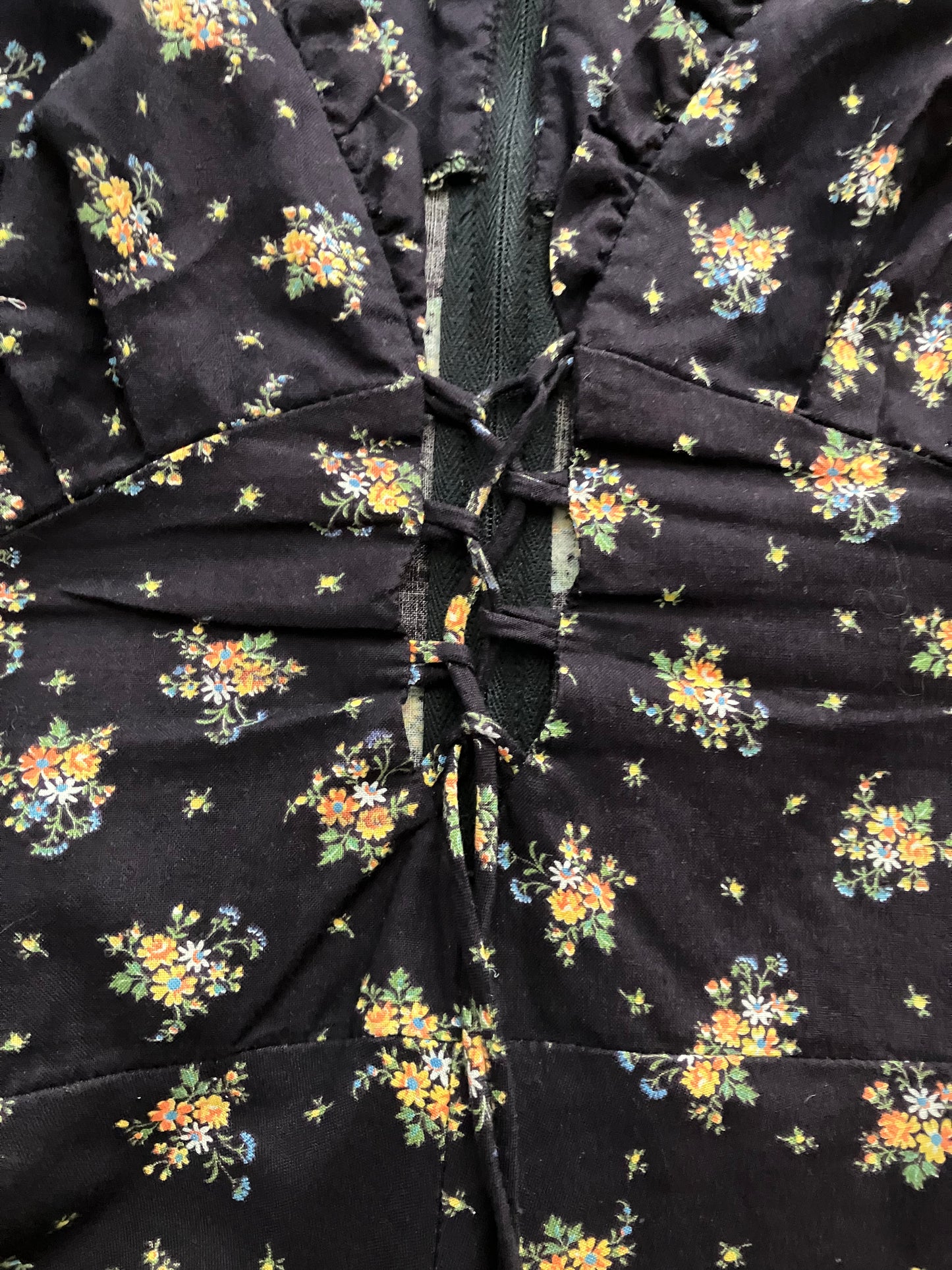 70's Vintage Lanz Original Black Blue Orange Calico Prairie Corset Midi Sundress Dress