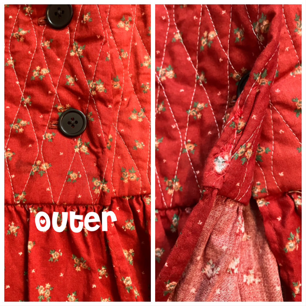 70's Vintage Gunne Sax Jessica's Gunnies Red Green Velveteen Calico Prairie Maxi Skirt 7 * FLAWS