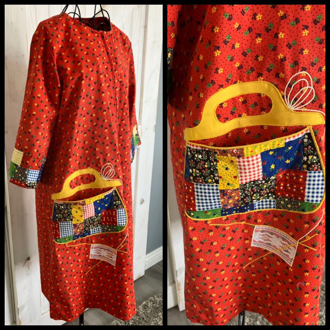 60's Vintage Models Coat Red Rainbow Calico Prairie Patchwork Purse Housecoat Mini Dress