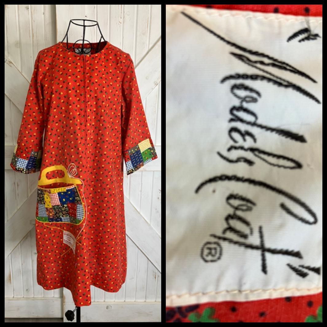 60's Vintage Models Coat Red Rainbow Calico Prairie Patchwork Purse Housecoat Mini Dress
