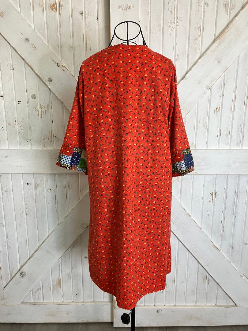 60's Vintage Models Coat Red Rainbow Calico Prairie Patchwork Purse Housecoat Mini Dress