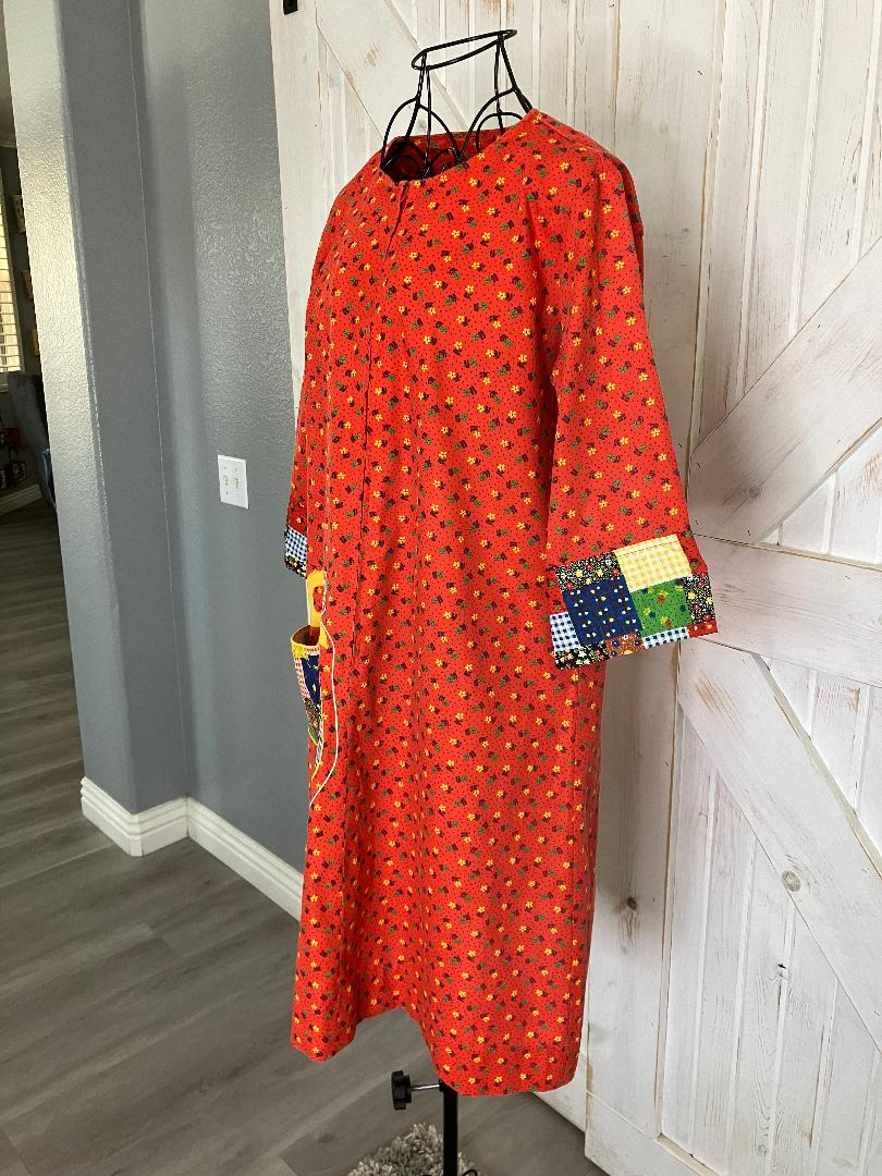60's Vintage Models Coat Red Rainbow Calico Prairie Patchwork Purse Housecoat Mini Dress