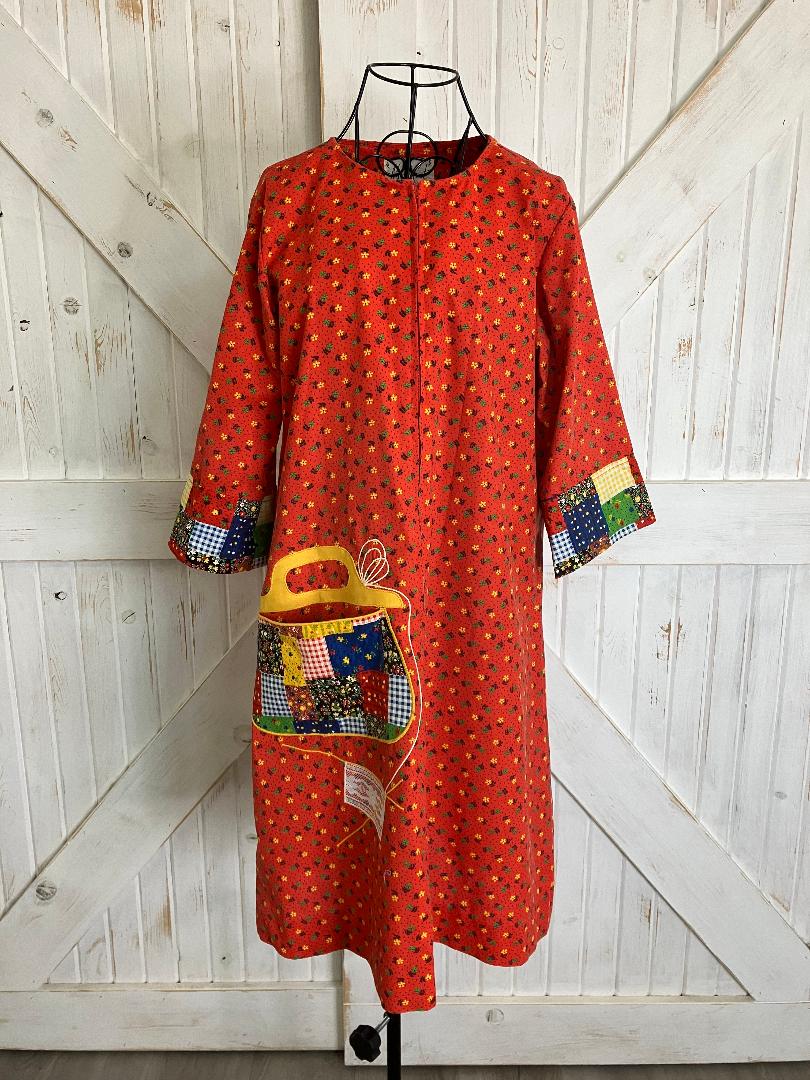 60's Vintage Models Coat Red Rainbow Calico Prairie Patchwork Purse Housecoat Mini Dress