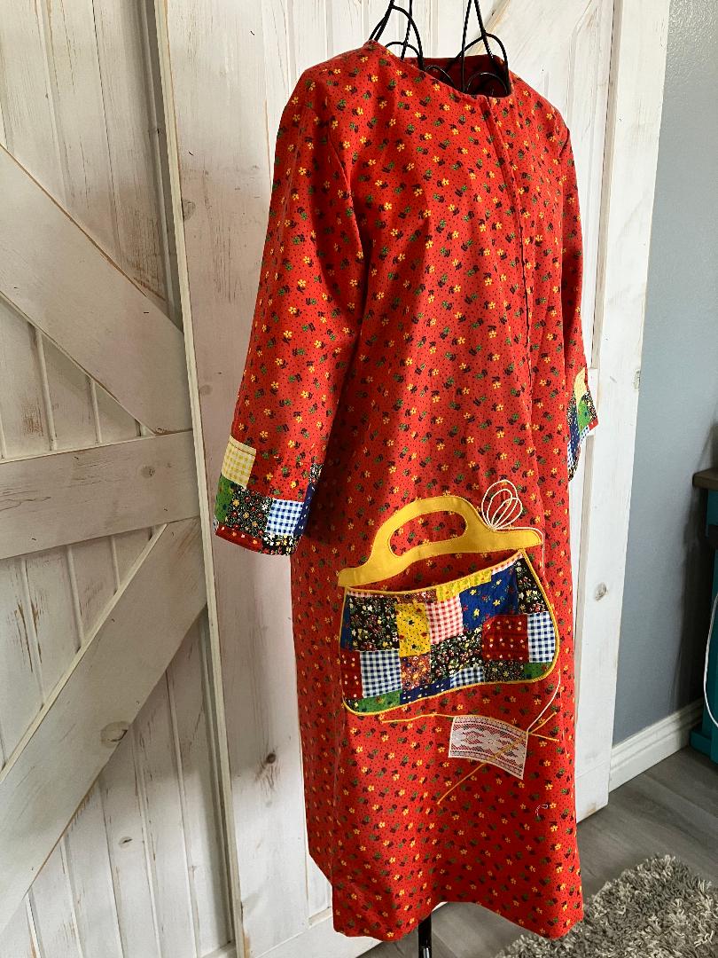 60's Vintage Models Coat Red Rainbow Calico Prairie Patchwork Purse Housecoat Mini Dress