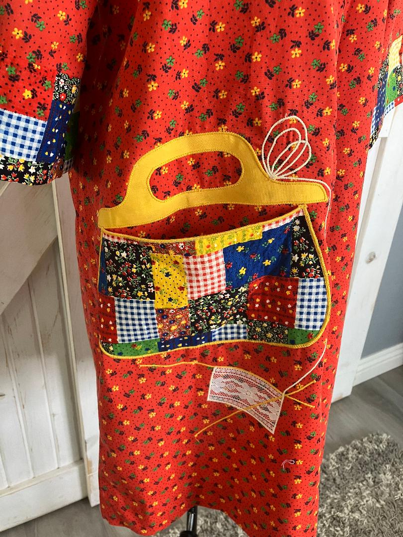 60's Vintage Models Coat Red Rainbow Calico Prairie Patchwork Purse Housecoat Mini Dress