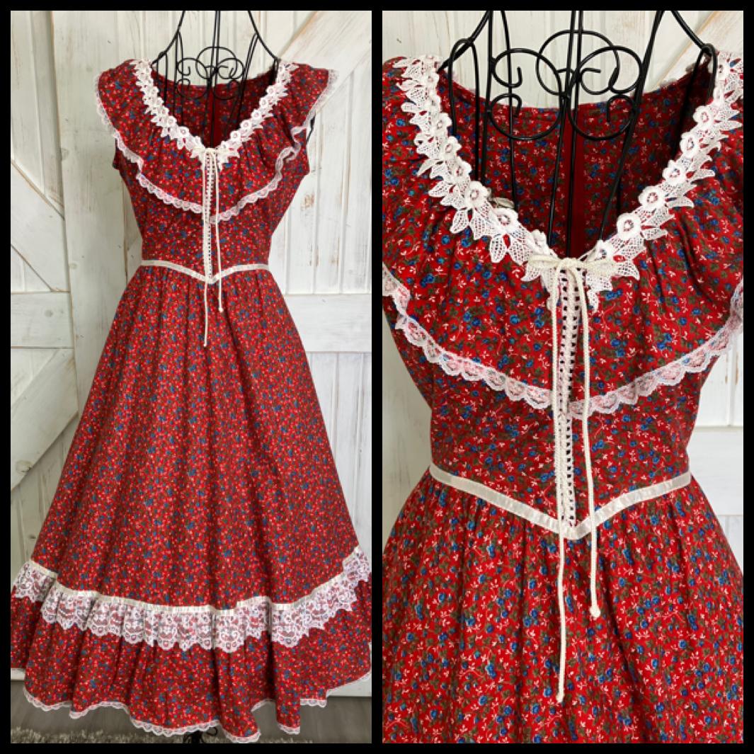 70's Vintage Gunne Sax Red Blue White Rose Calico Prairie Cowgirl Western Corset Midi Dress