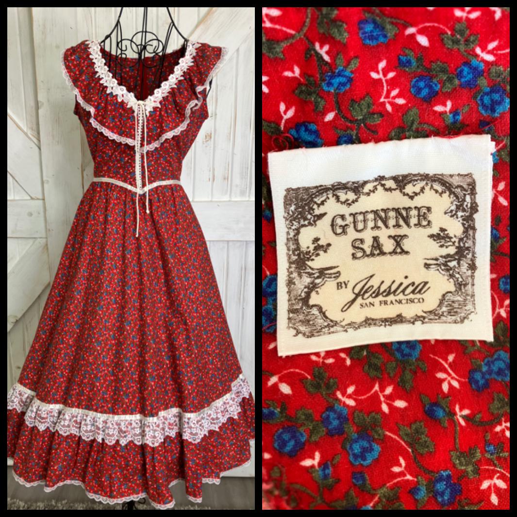 70's Vintage Gunne Sax Red Blue White Rose Calico Prairie Cowgirl Western Corset Midi Dress
