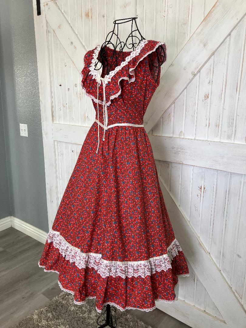 70's Vintage Gunne Sax Red Blue White Rose Calico Prairie Cowgirl Western Corset Midi Dress
