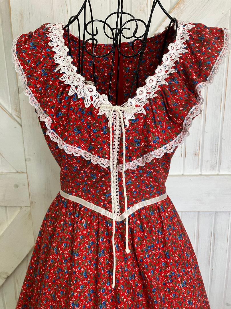 70's Vintage Gunne Sax Red Blue White Rose Calico Prairie Cowgirl Western Corset Midi Dress