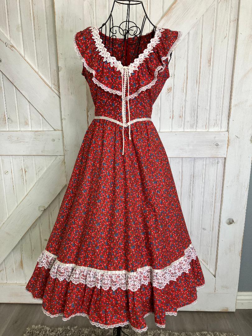 70's Vintage Gunne Sax Red Blue White Rose Calico Prairie Cowgirl Western Corset Midi Dress