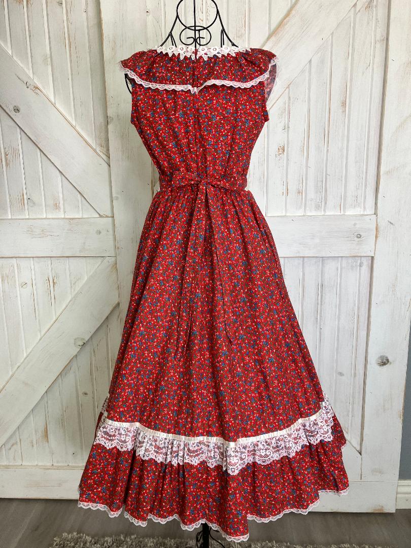 70's Vintage Gunne Sax Red Blue White Rose Calico Prairie Cowgirl Western Corset Midi Dress