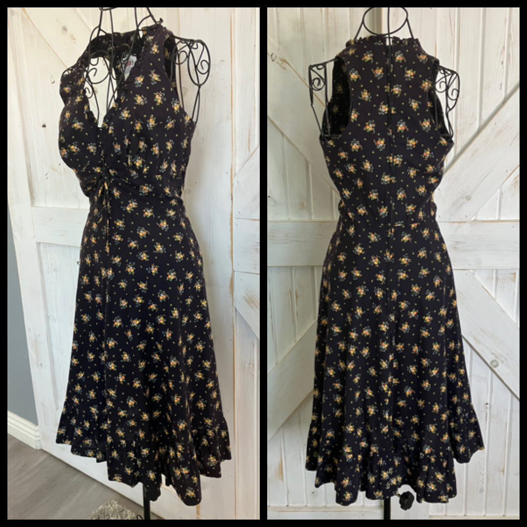 70's Vintage Lanz Original Black Blue Orange Calico Prairie Corset Midi Sundress Dress